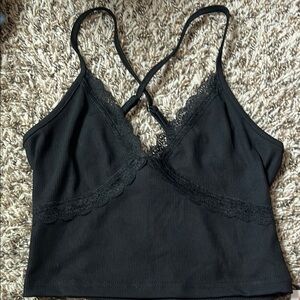 Cider Black Ribbed Tank with Lace Detail